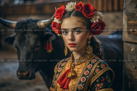 A Spanish girl in a traditional Spanish national costume. Against the background of a bull. Bullfighting. The portrait symbolizes the traditions and culture of the people of Spain. Стоковое AI-изображение, AI-художник Photojuli / Фотобанк Лори