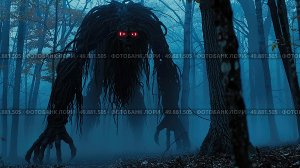 A spooky monster lurking in the dark woods, its eyes glowing red with an eerie intensity, instilling fear and mystery in the viewer. Стоковое AI-изображение, AI-художник Данила Большаков / Фотобанк Лори