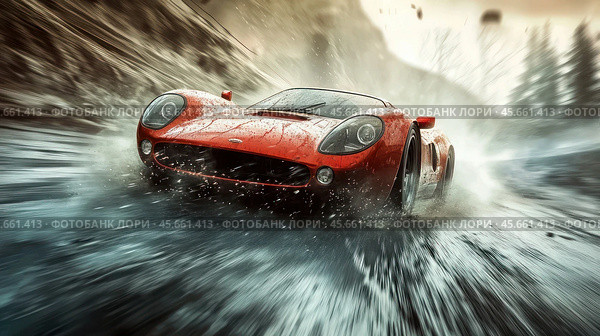 A sports car is speeding along a forest road. Front view. Стоковое AI-изображение, AI-художник Ярославский Максим / Фотобанк Лори