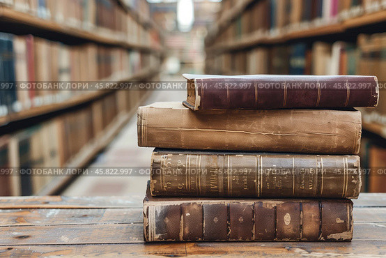 A stack of antique leather-bound books rests on a wooden table set against the blurred background of library bookshelves. Shallow depth of field. Стоковое AI-изображение, AI-художник Михаил Строгалев / Фотобанк Лори