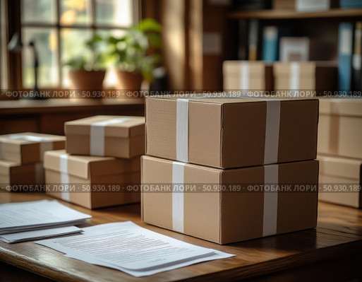 A stack of brown boxes with white stripes on them sit on a desk. Стоковое AI-изображение, AI-художник Ярославский Максим / Фотобанк Лори