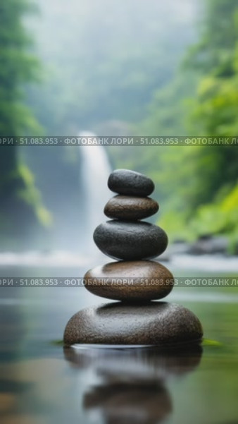 A stack of smooth stones balanced on a riverbank with a waterfall in the background. Lush green trees surround the scene, creating a tranquil atmosphere. Стоковое AI-видео, аниматор Nart / Фотобанк Лори