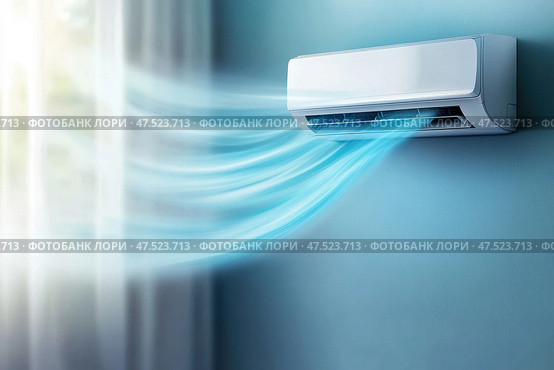 A state-of-the-art air conditioner disperses an invisible, refreshing breath of air. Soft, swirling mist illuminated in cool blue light highlights its modern technology and efficient design. Стоковое AI-изображение, AI-художник Nart / Фотобанк Лори