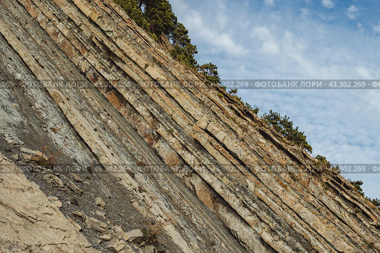 A steep, layered rock formation with trees growing at the top, set against a partly cloudy sky. The rock layers are sharply inclined, showcasing geological stratification. Стоковое фото, фотограф Воловодов Владимир / Фотобанк Лори