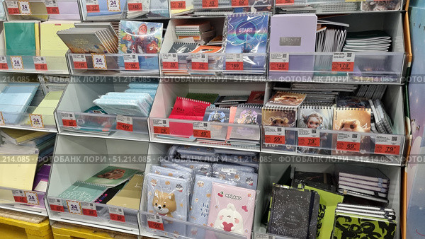 A store rack with notebooks, notepads and office supplies. The assortment includes classic 24-sheet school notebooks in plain pastel covers (blue, yellow, green), as well as bright designer notebooks and diaries. Some of the products are made on a spring with colorful illustrations: cartoon characters, animals, fantasy heroes, motivational inscriptions. On the bottom shelf there are folders and pencil cases with cute pictures - dogs, rabbits, cartoon faces. Each product is supplied with a price tag with a special offer. The photo conveys the atmosphere of a supermarket and a wide selection of stationery for school, office and creativity. Редакционное фото, фотограф Анна Кривицкая / Фотобанк Лори