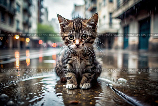 A stray animal. A wet, sad, abandoned, hungry kitten is sitting in a puddle in the rain. Shelter, rescue, help charity, donations for homeless animals. Стоковое AI-изображение, AI-художник Photojuli / Фотобанк Лори
