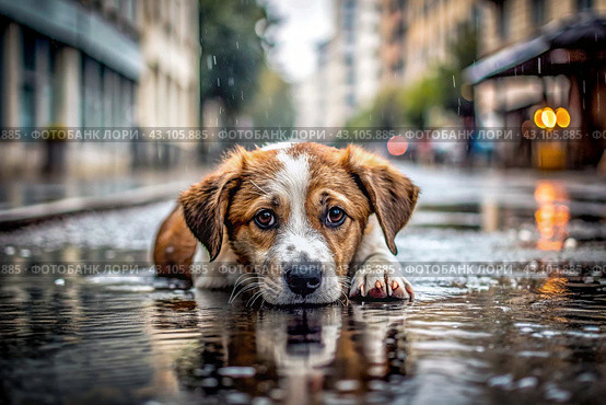 A stray animal. A wet, sad, abandoned, hungry puppy lies in a puddle in the rain. Shelter, rescue, help charity, donations for homeless animals. Стоковое AI-изображение, AI-художник Photojuli / Фотобанк Лори