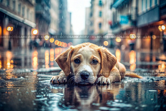 A stray animal. A wet, sad, abandoned, hungry puppy lies in a puddle in the rain. Shelter, rescue, help charity, donations for homeless animals. Стоковое AI-изображение, AI-художник Photojuli / Фотобанк Лори