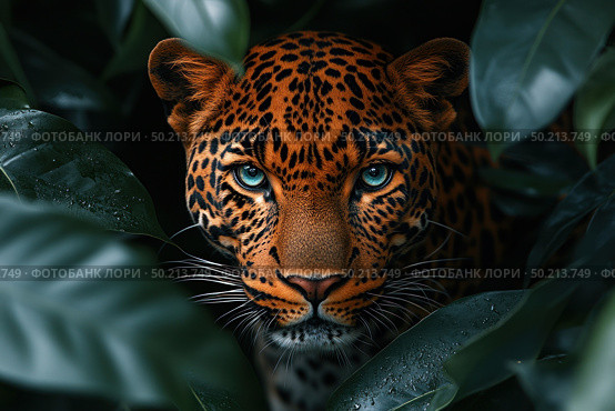 A stunning close-up of a leopard hiding in the dense tropical foliage. The distinctive spotted coat with rich orange-black hues contrasts with the deep green of the foliage. The animal's gaze is intense and piercing, its bright turquoise eyes captivating. This image conveys a sense of wilderness, stealth and predatory grace. Ideal for themes related to nature, wildlife, environmentalism, strength and survival. Стоковое AI-изображение, AI-художник Анна Кривицкая / Фотобанк Лори