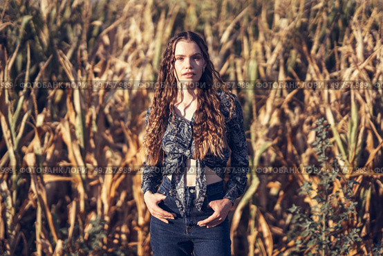 A stunning model is posing gracefully in a beautiful cornfield, showcasing a casual yet chic outfit in the warm glow of natural light that enhances her elegance and confidence in the moment. A stunning fashion portrait captured in a picturesque cornfield during the enchanting golden hour. Стоковое фото, агентство Ingram Publishing / Фотобанк Лори
