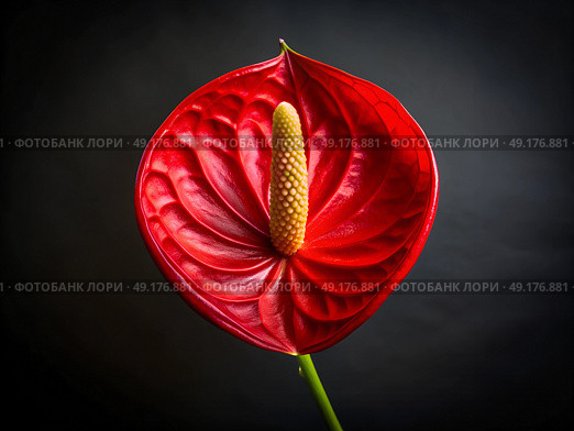 A stunning red anthurium with glossy petals and a contrasting yellow spadix captures attention in low light, showcasing nature\'s exquisite detail and vibrant color. Стоковое AI-изображение, AI-художник Ольга Игнашина / Фотобанк Лори