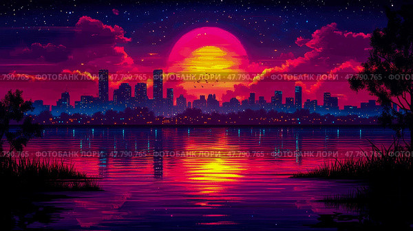 A stunning sunset illuminates the skyline, casting vibrant colors across the water, while silhouettes of buildings emerge against a vivid sky. Стоковое AI-изображение, AI-художник Данила Большаков / Фотобанк Лори