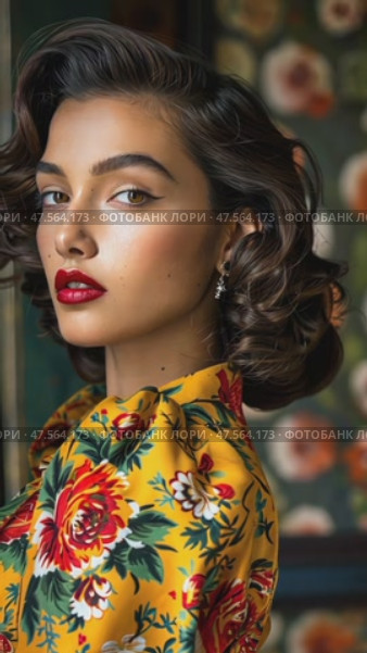 A stylish model stands gracefully with a confident expression, wearing a colorful floral ensemble that enhances her striking features and bold lipstick. Стоковое AI-видео, аниматор Данила Большаков / Фотобанк Лори