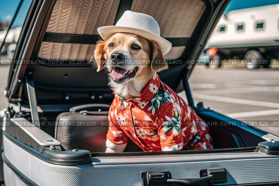 A stylish puppy on a journey, a charming funny dog in a Hawaiian shirt and hat, sitting in an open suitcase. The concept of summer holidays and traveling with animals. Стоковое AI-изображение, AI-художник Photojuli / Фотобанк Лори