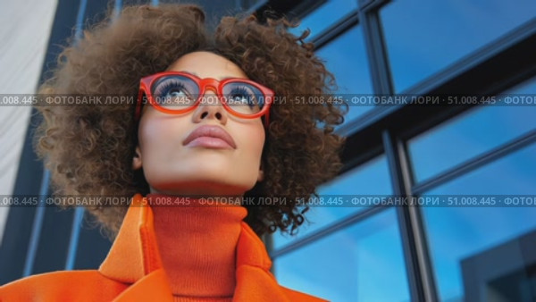 A stylish woman in a bold orange ensemble stands confidently, highlighting her chic look against a bright blue sky over the city. Стоковое AI-видео, аниматор Данила Большаков / Фотобанк Лори