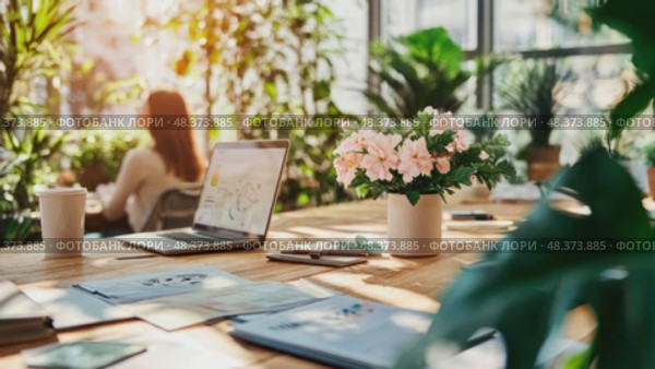 A sunlit workspace showcases a laptop, blooming flowers, and greenery, creating a relaxing atmosphere for productivity and creativity. Стоковое AI-видео, аниматор Данила Большаков / Фотобанк Лори