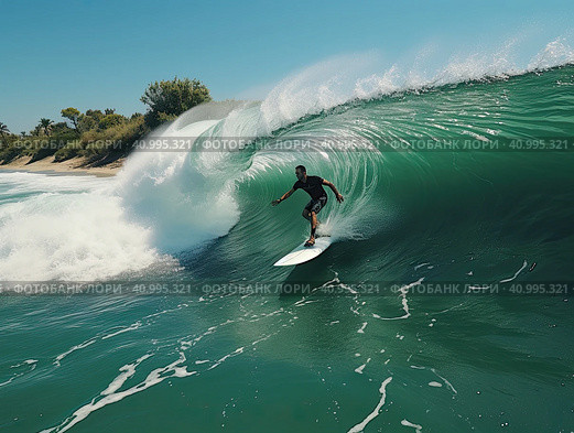 A surfer slides on a large ocean wave on a board. Generated by AI. Стоковое AI-изображение, AI-художник Ярославский Максим / Фотобанк Лори