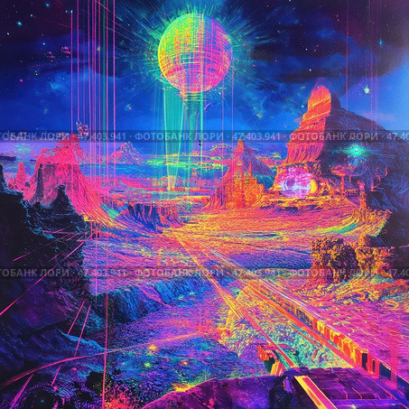 A surreal alien landscape in bright neon colors. The central element is a giant sphere hovering over the landscape, emitting energy beams. The entire scene is painted in acidic shades of pink, blue, yellow and green. Around are mountains of unusual shapes, man-made structures, lines going into perspective, reminiscent of rails or energy flows. The atmosphere is cyberpunk with elements of science fiction and retrowave. The picture immerses you in a futuristic world where the boundaries between nature and technology are blurred. Стоковое AI-изображение, AI-художник Анна Кривицкая / Фотобанк Лори