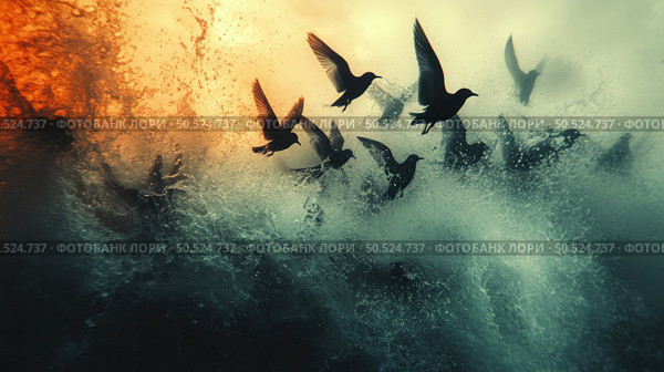 A surreal scene of a flock of birds soaring into the sky against a backdrop of turbulent water. The contrast of warm and cool tones heightens the drama of the moment, as if a sunset collides with a storm. A striking artistic image symbolizing freedom, chaos, and the transition from darkness to light. Ideal for themes of ecology, metaphors, freedom, inner struggle, and overcoming. Стоковое AI-изображение, AI-художник Анна Кривицкая / Фотобанк Лори