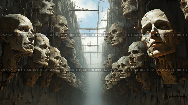 A surreal scene with many floating faces in space that seem to be part of a complex structure or machine. The style is reminiscent of fantasy or post-apocalyptic worlds. The faces have expressive but motionless features and are connected to each other by metal structures, creating a feeling of strangeness and unusualness. Стоковое AI-изображение, AI-художник Анна Кривицкая / Фотобанк Лори