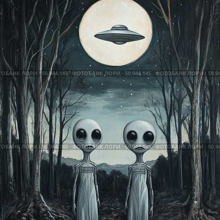 A surrealist or pop culture style illustration of two aliens with big eyes standing in a forest at night under a full moon. A classic flying saucer hovers above them, illuminated by the moonlight. The painting is done in a dark palette with contrasting lighting, creating a mystical, mysterious and slightly disturbing atmosphere. Suitable for UFO, science fiction, conspiracy theories, horror and ufology themes. Стоковое AI-изображение, AI-художник Анна Кривицкая / Фотобанк Лори