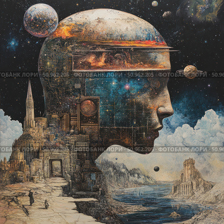 A surrealistic fantasy composition that combines images of the human mind, architecture and space. A huge head in profile is embedded in an urban landscape, where ancient ruins coexist with star systems and mechanical structures. The picture evokes associations with eternity, knowledge, technological progress and inner universes. Ideal for book covers, science fiction projects, philosophical publications and visual storytelling. Стоковое AI-изображение, AI-художник Анна Кривицкая / Фотобанк Лори