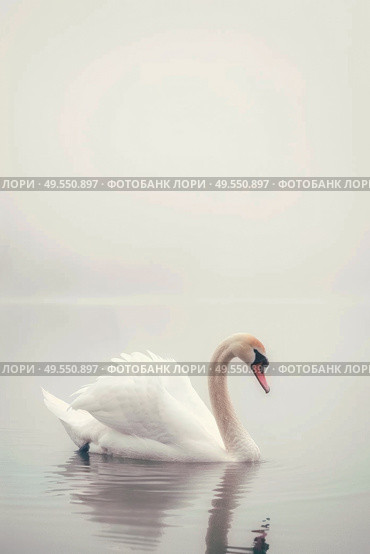 A swan gracefully swims through the misty waters on a foggy day, creating ripples as it moves. Стоковое AI-изображение, AI-художник Данила Большаков / Фотобанк Лори