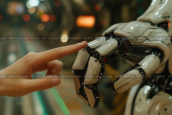 A symbolic moment of human-machine interaction: the tip of a human finger gently touches the finger of a high-tech robot. The robotic arm is highly detailed, covered in smooth white panels with metal joints, equipped with complex mechanisms and LED indicators. The background is blurred, with warm, diffused light, creating a futuristic yet cozy atmosphere.This scene is reminiscent of motifs from art, for example, an allusion to Michelangelo's "Creation of Adam", but with God replaced by artificial intelligence. The image symbolizes the boundary between technology and humanity, the interaction of the future and the present, robots and people. Стоковое AI-изображение, AI-художник Анна Кривицкая / Фотобанк Лори