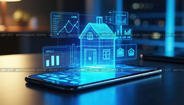 A tablet with a house on it and a bunch of graphs. Стоковое AI-изображение, AI-художник Ярославский Максим / Фотобанк Лори