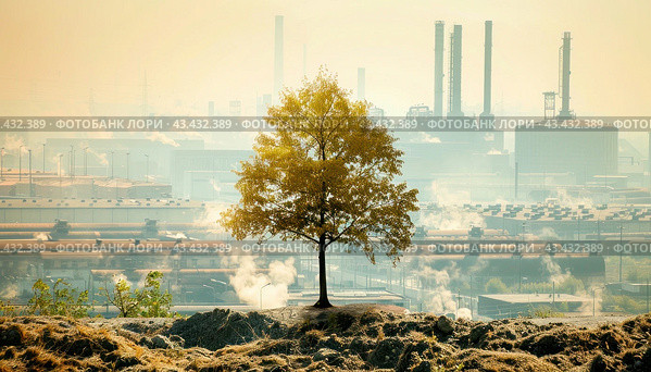 A tall tree is rooted on a lush green hill, with a factory in the distant background. Стоковое AI-изображение, AI-художник Юрий Поздников / Фотобанк Лори