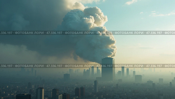 A thick plume of smoke rises from a towering building in a bustling city as the sun sets, creating a surreal contrast against the hazy skyline and urban environment. Стоковое AI-изображение, AI-художник Sergey Grishin / Фотобанк Лори
