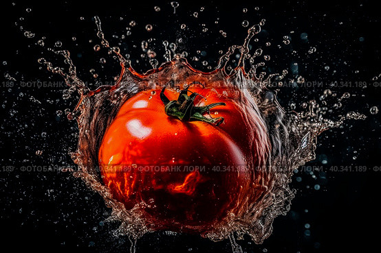 A tomato falls into clear water on a dark background. Стоковое AI-изображение, AI-художник Ярославский Максим / Фотобанк Лори