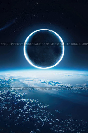 A total solar eclipse occurs as the moon passes between the sun and the earth, creating a stunning sight of darkness on the planet. Стоковое AI-изображение, AI-художник Данила Большаков / Фотобанк Лори