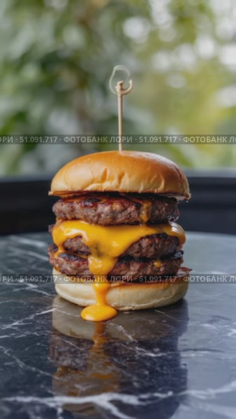A Towering Cheeseburger Exuding Melted Cheese and Juicy Patties, Perfectly Posed on a Marble Surface, Captures the Essence of Indulgent Fast Food Delight. Стоковое AI-видео, аниматор Владимир Федоров / Фотобанк Лори