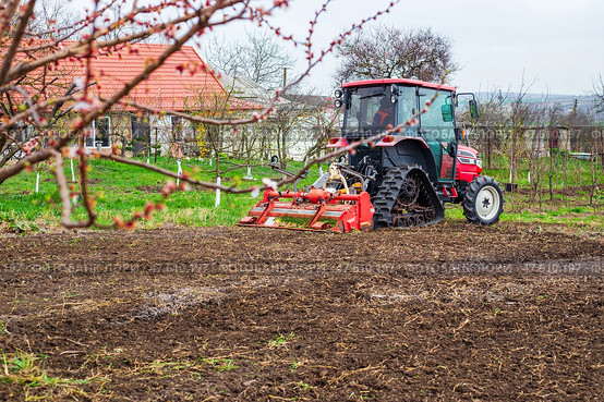 A tractor equipped with a red rotary cultivator actively prepares the soil in a rural field. The equipment loosens the earth, preparing it for planting and cultivation. Стоковое фото, фотограф Коханова Наталья / Фотобанк Лори