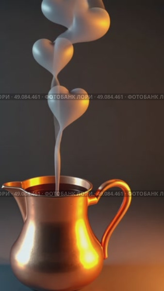 A traditional 3D icon of a copper coffee pot pouring steaming liquid that forms heart shapes in cartoon style. Стоковое AI-видео, аниматор Sergey Grishin / Фотобанк Лори