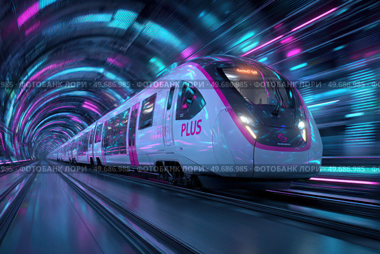 A train with the word "plus" on it is traveling through a tunnel. Стоковое AI-изображение, AI-художник Ярославский Максим / Фотобанк Лори