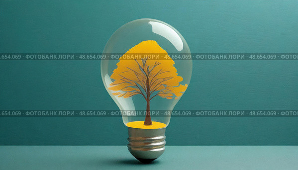 A tree growing inside a lightbulb symbolizing sustainable innovation, green technology, and the fusion of nature and human ingenuity in a modern world. Стоковое AI-изображение, AI-художник Ольга Сухарева / Фотобанк Лори