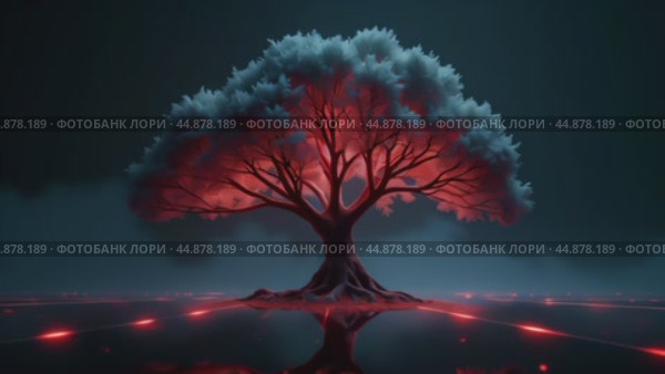 A tree with red leaves is the main focus of the image. Стоковое AI-видео, аниматор Виктория Кольцова / Фотобанк Лори