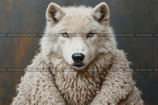 A unique portrait of a white wolf in symbolic sheepskin, executed in an artistic style. The wolf is depicted in the center of the frame with a piercing gaze expressing wisdom and hidden menace. The fur is detailed, and the texture of the sheepskin adds symbolism and depth to the image. The background is done in calm gray-brown tones, which emphasizes the drama of the composition. The painting conveys the idea of ​​a hidden essence and duplicity, ideal for conceptual projects, book covers or visual content related to philosophy, nature or art. Стоковое AI-изображение, AI-художник Анна Кривицкая / Фотобанк Лори
