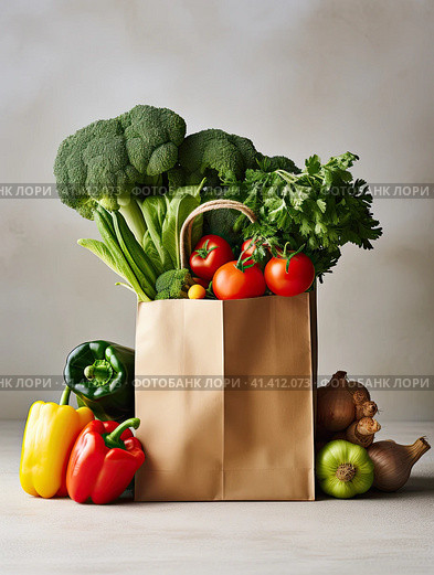 A variety of fresh vegetables in a craft eco-friendly package. Generated by AI. Стоковое AI-изображение, AI-художник Ярославский Максим / Фотобанк Лори