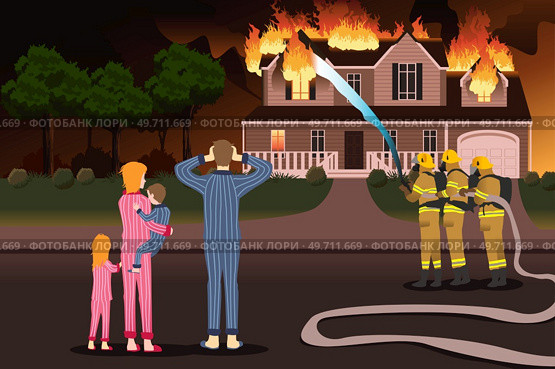 A vector description of Firemen Putting Out Fires of a Burning Home. Стоковая иллюстрация, агентство Ingram Publishing / Фотобанк Лори
