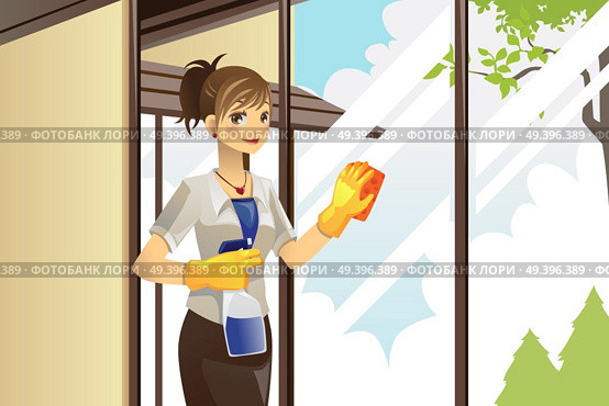 A vector illustration of a housewife cleaning windows at home. Стоковая иллюстрация, агентство Ingram Publishing / Фотобанк Лори
