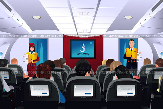 A vector illustration of flight attendant showing safety procedure to passengers. Стоковая иллюстрация, агентство Ingram Publishing / Фотобанк Лори