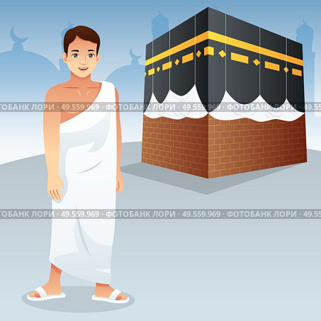 A vector illustration of Muslim Man in Front of Kaaba. Стоковая иллюстрация, агентство Ingram Publishing / Фотобанк Лори