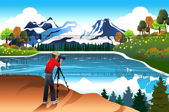A vector illustration of photographer taking picture of a beautiful nature. Стоковая иллюстрация, агентство Ingram Publishing / Фотобанк Лори