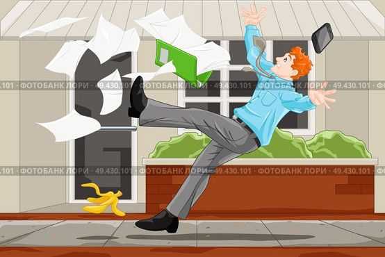 A vector illustration of the concept of a businessman slipped on a banana skin. Стоковая иллюстрация, агентство Ingram Publishing / Фотобанк Лори