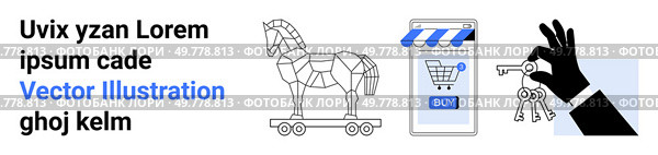 A vector showing a Trojan horse, a smartphone with a shopping cart icon, and a hand holding keys. Ideal for cybersecurity, e-commerce safety, hacking awareness, online threats, digital security. Online Security Risks and E-commerce Safety Trojan Horse and Cybersecurity Measures. Стоковая иллюстрация, агентство Ingram Publishing / Фотобанк Лори