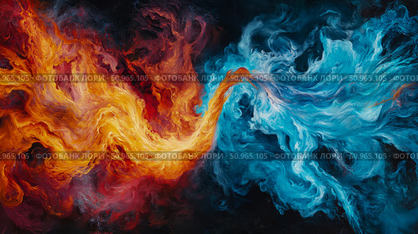 A vibrant abstract fluid art depicting the energetic fusion of swirling fiery warmth and ethereal cool currents, symbolizing elemental balance for a dynamic modern display. Стоковое AI-изображение, AI-художник Данила Большаков / Фотобанк Лори
