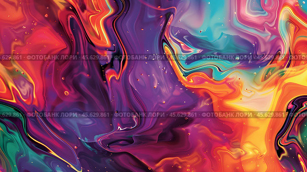 A vibrant abstract image with swirling colors of orange, blue, and red, accented with bubbles. Fluid art style, dynamic and lively. Стоковое AI-изображение, AI-художник Александра Рублева / Фотобанк Лори